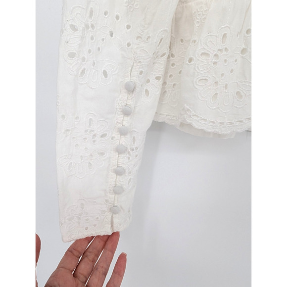 Express White Eyelet Floral Peplum Ruffle Puff Sleeve Cottage Coquette Blouse LG - Picture 5 of 10